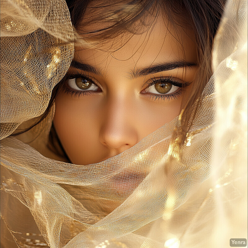 A serene portrait of a young woman with golden-brown eyes and fair skin.