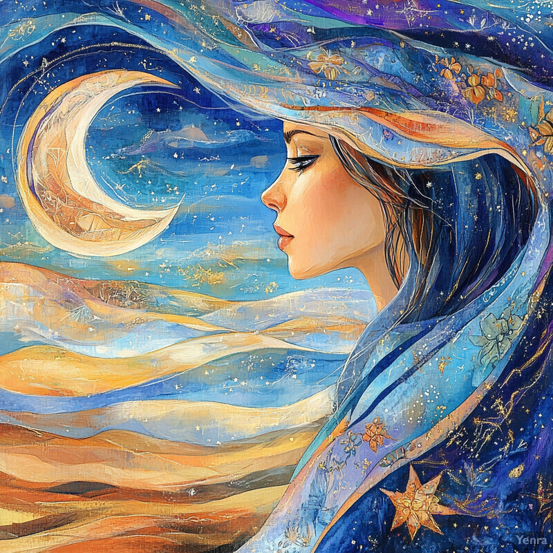 A serene and dreamy scene of a woman gazing at the moon