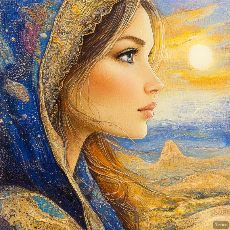 A woman gazes out at a serene landscape with mountains and a body of water in the background, bathed in warm sunlight.