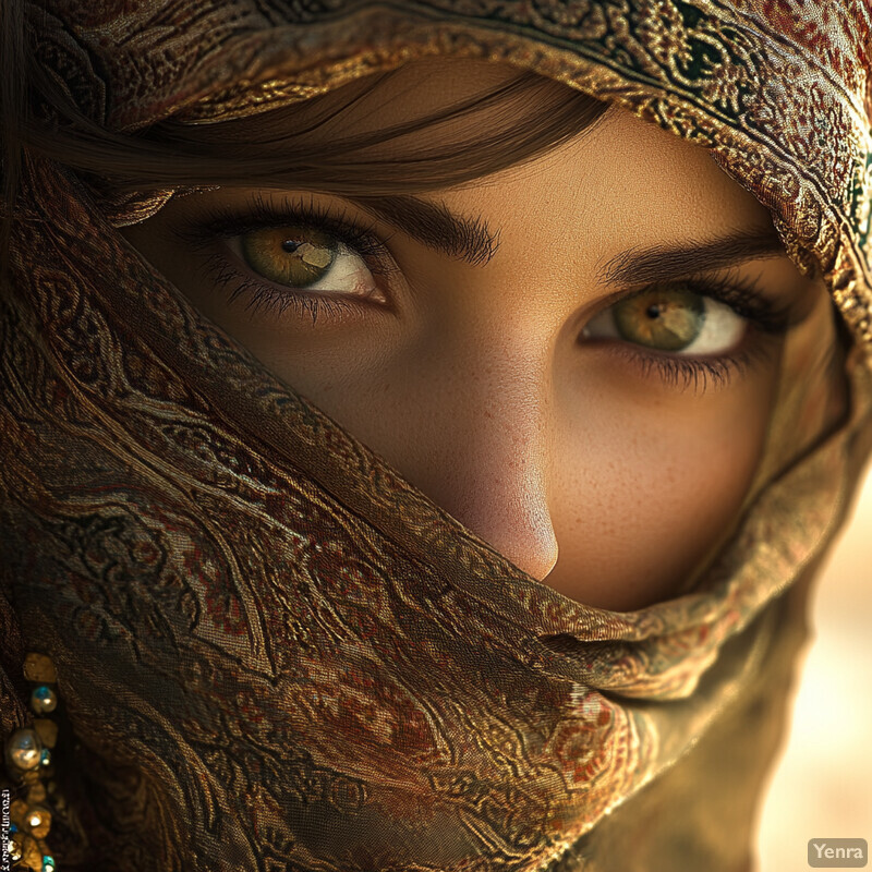 A close-up portrait of a woman with greenish-brown eyes, partially covered by a patterned headscarf or veil.