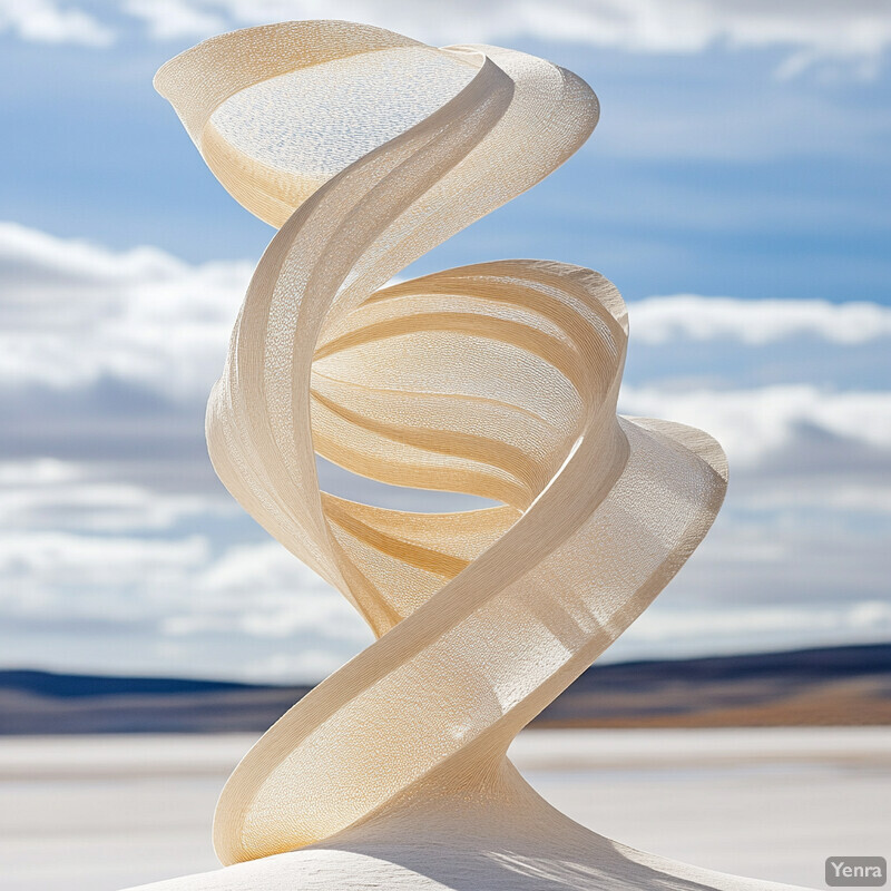 A unique sculpture of intertwined ribbons set against a blurred outdoor backdrop.