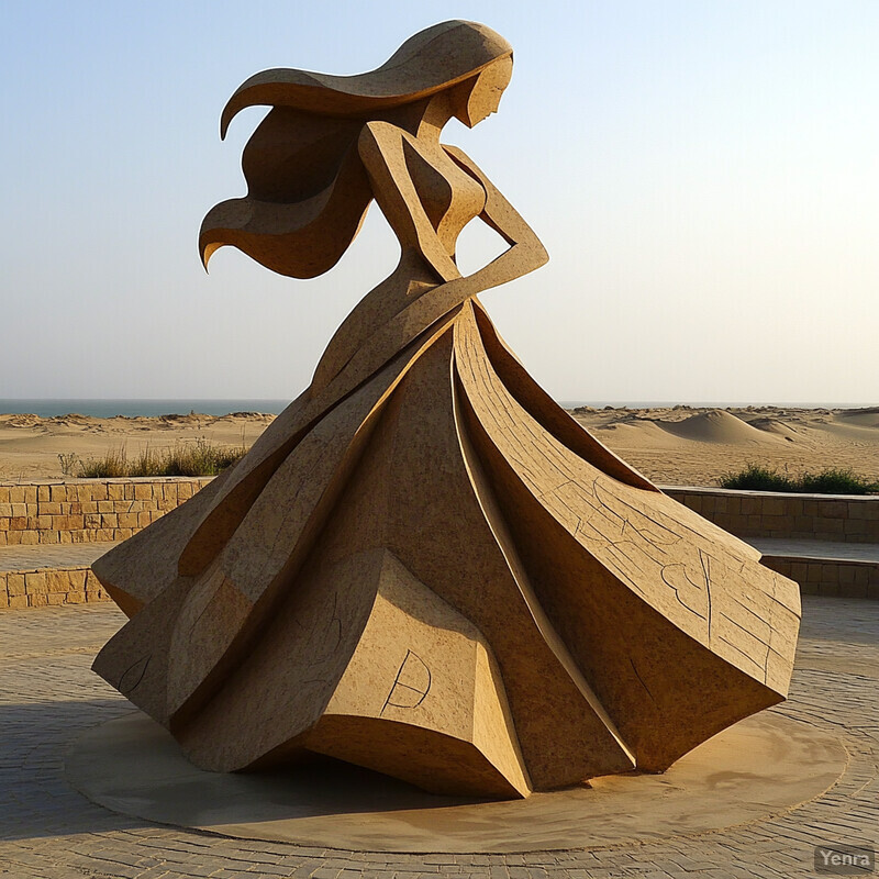 A serene sculpture of a woman in flowing robes set against a backdrop of sand dunes