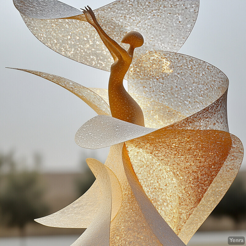 A stylized human figure wind sculpture with curved lines and a blurred background suggesting a natural setting.