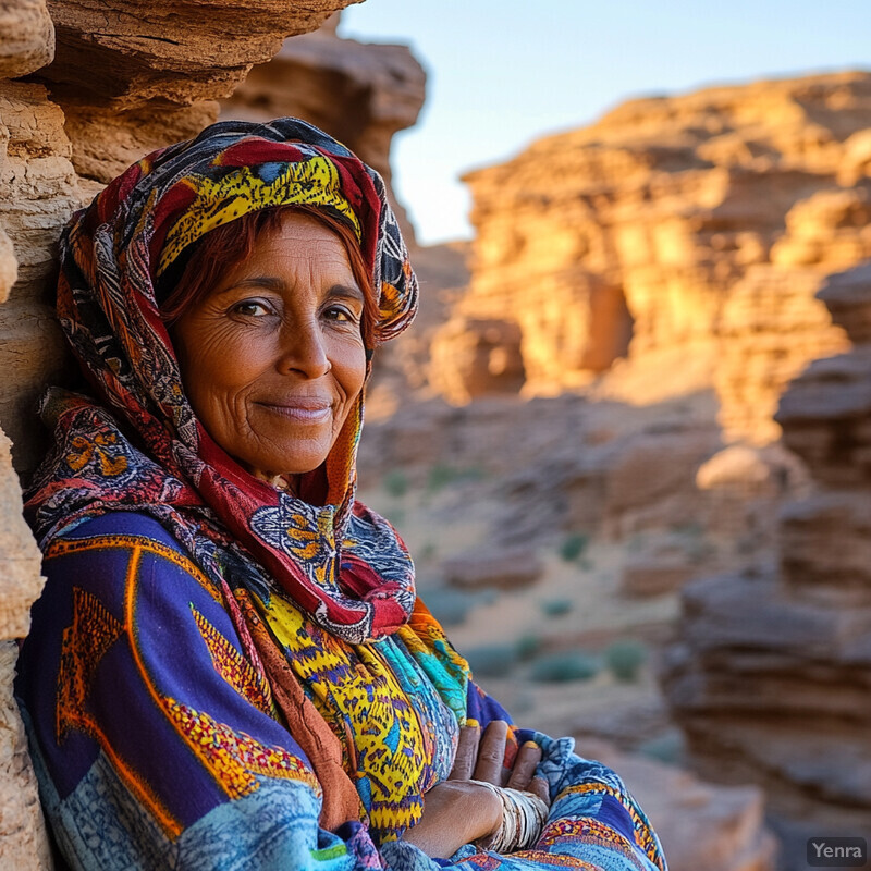 An older woman stands in front of a rock formation, wearing a white dress and gold necklace.