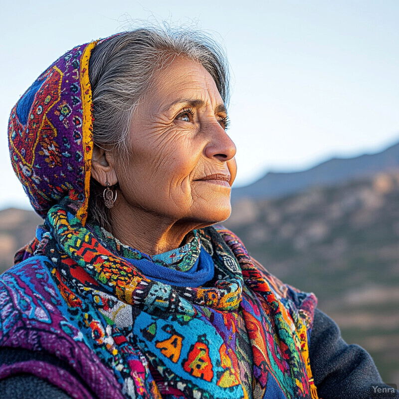 An elderly woman with gray hair, dressed in traditional attire, gazing at something in front of her with a sense of contemplation.