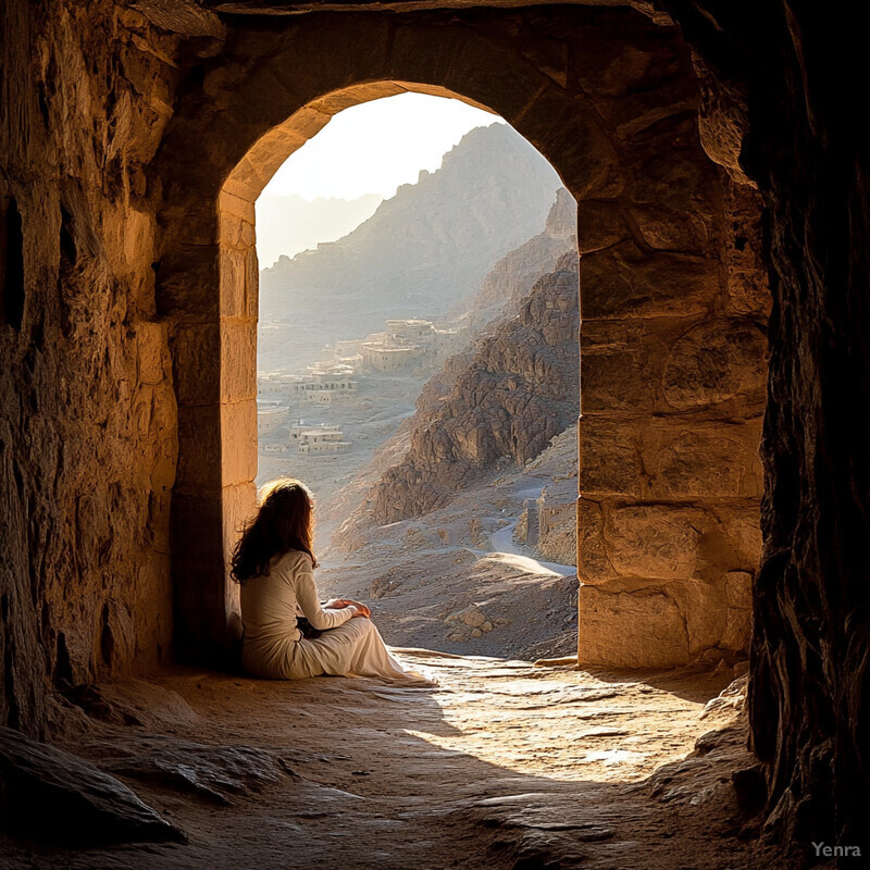 A woman sits in an ancient stone archway, gazing out at a vast desert landscape.