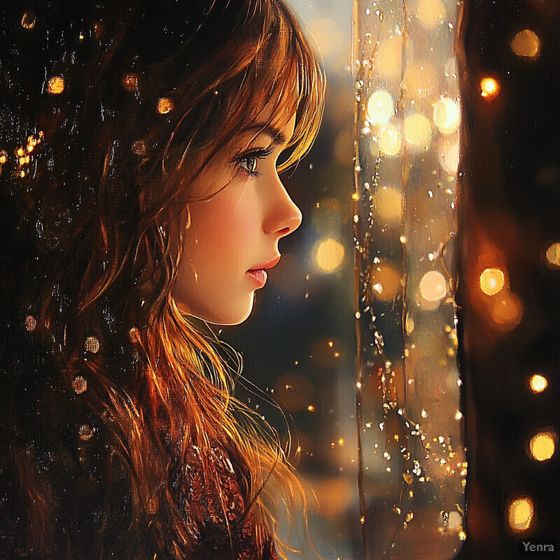 A woman gazes out of a window at night, lost in thought amidst a cityscape.