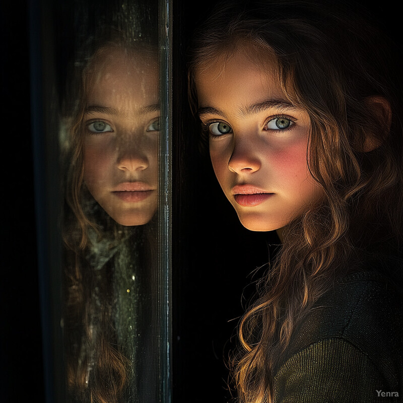 Two young girls with long hair are depicted in front of a window, one wearing a white dress and the other reflected in the glass.