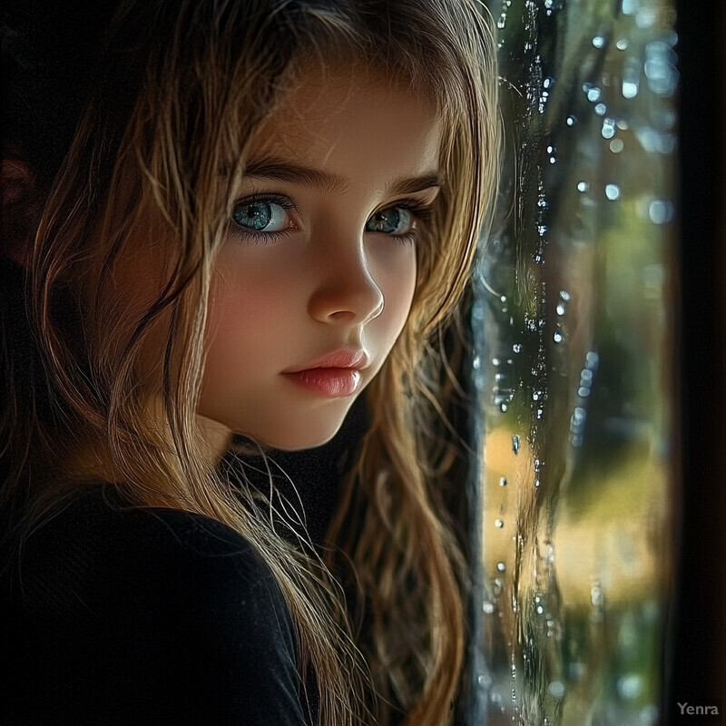 A young girl gazes out of a window at raindrops on the glass pane during a rainy day.