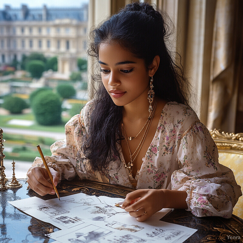 A woman sits at a desk, focused on her work, with a view of a lush garden or park outside.