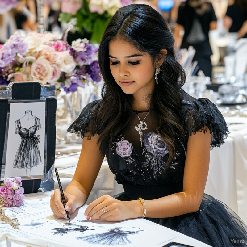 A young woman sketching dresses at a table with flowers and fine china.