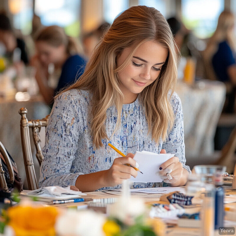 A young woman with long blonde hair sits at a table, writing or drawing in a notebook surrounded by various objects.