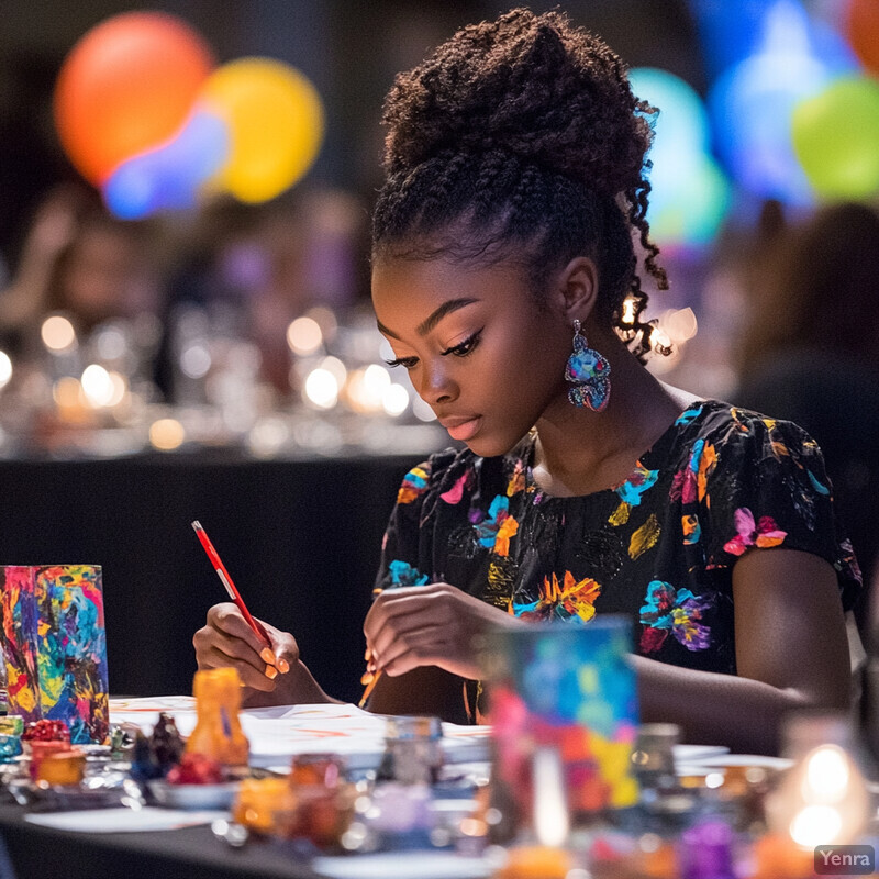 A young girl with dark skin and curly hair creates artwork at a table surrounded by art supplies.