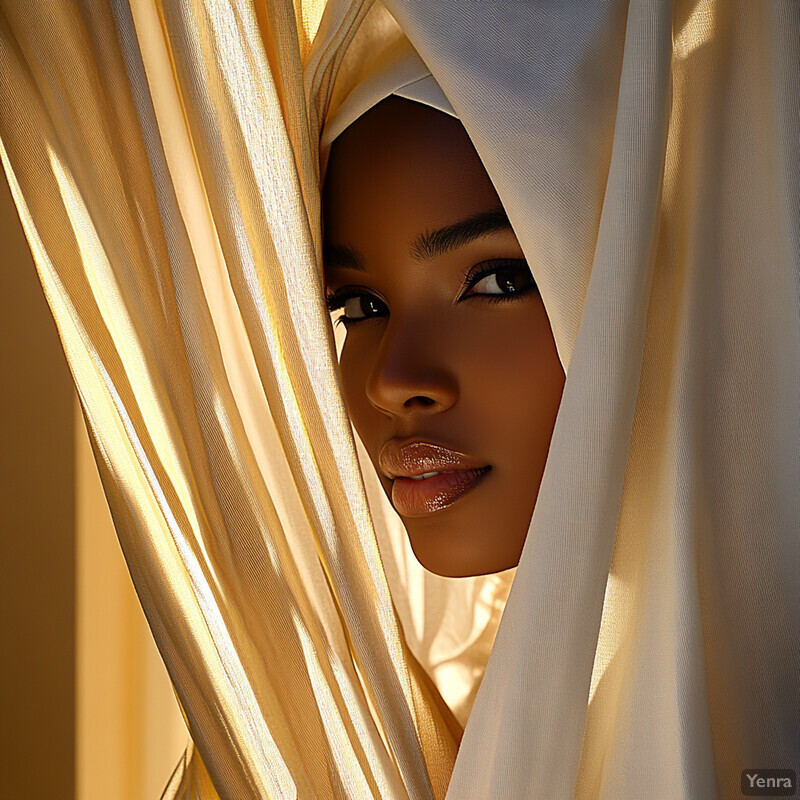 A woman with dark skin and brown eyes peeks out from behind a curtain of sheer white fabric, wearing a white headscarf or hijab and light makeup.