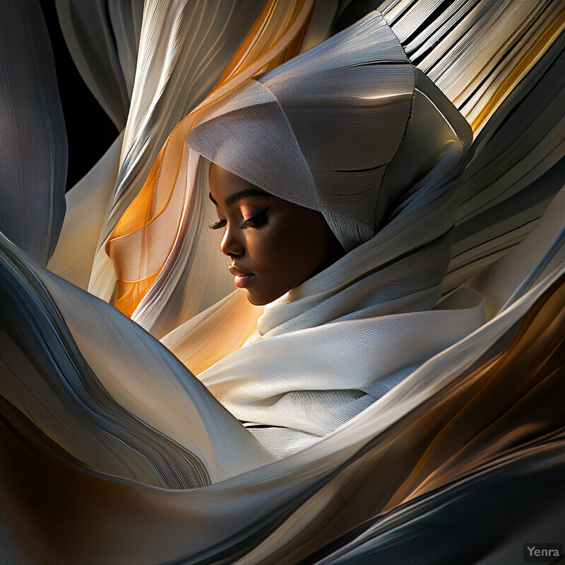 A woman wearing a white headscarf surrounded by flowing fabric in shades of gray, gold, and brown.