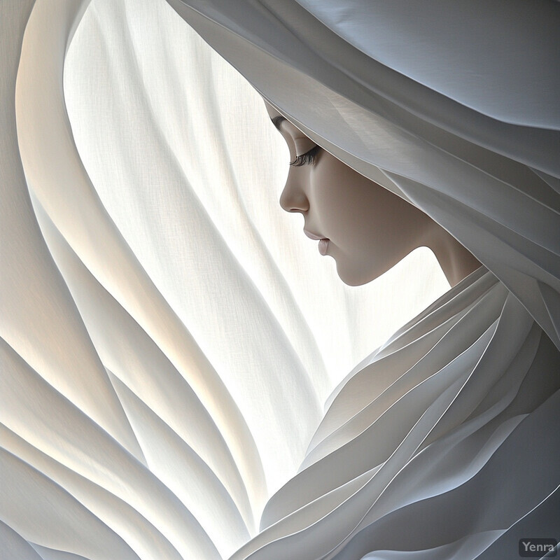 Artistic representation of a woman's head and neck partially obscured by white fabric or drapery.