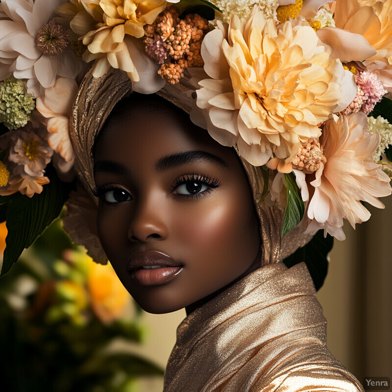 A woman with dark skin and long eyelashes wearing a gold head wrap adorned with light orange flowers.