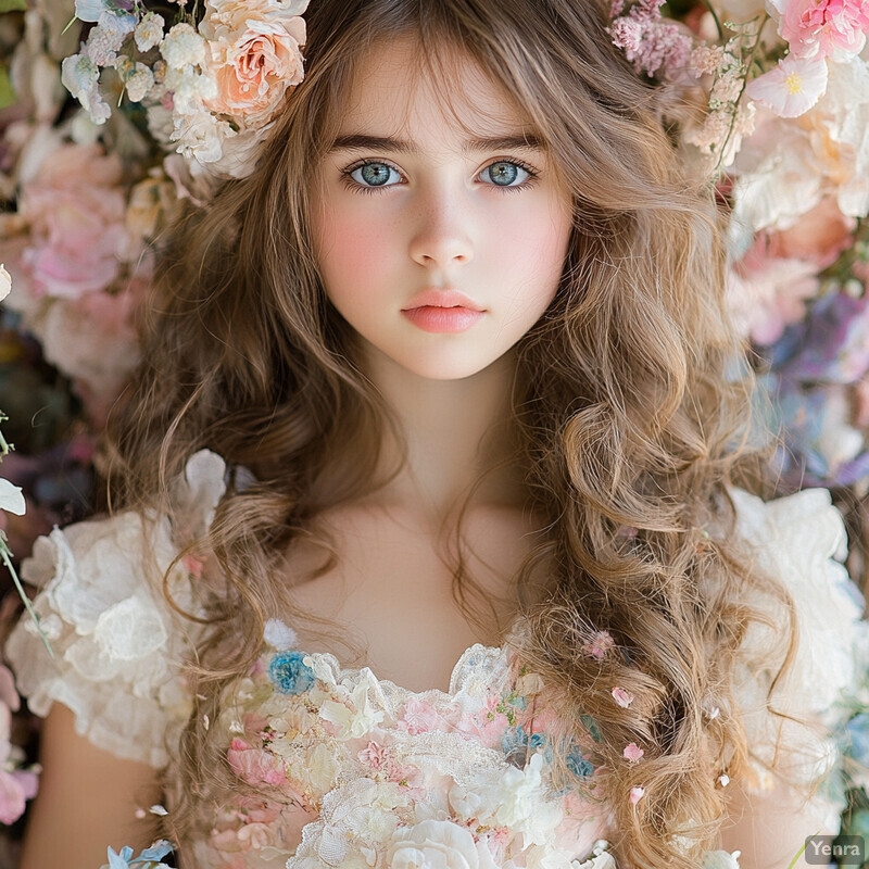 A young girl surrounded by flowers, wearing a white dress with lace trim and a floral pattern.