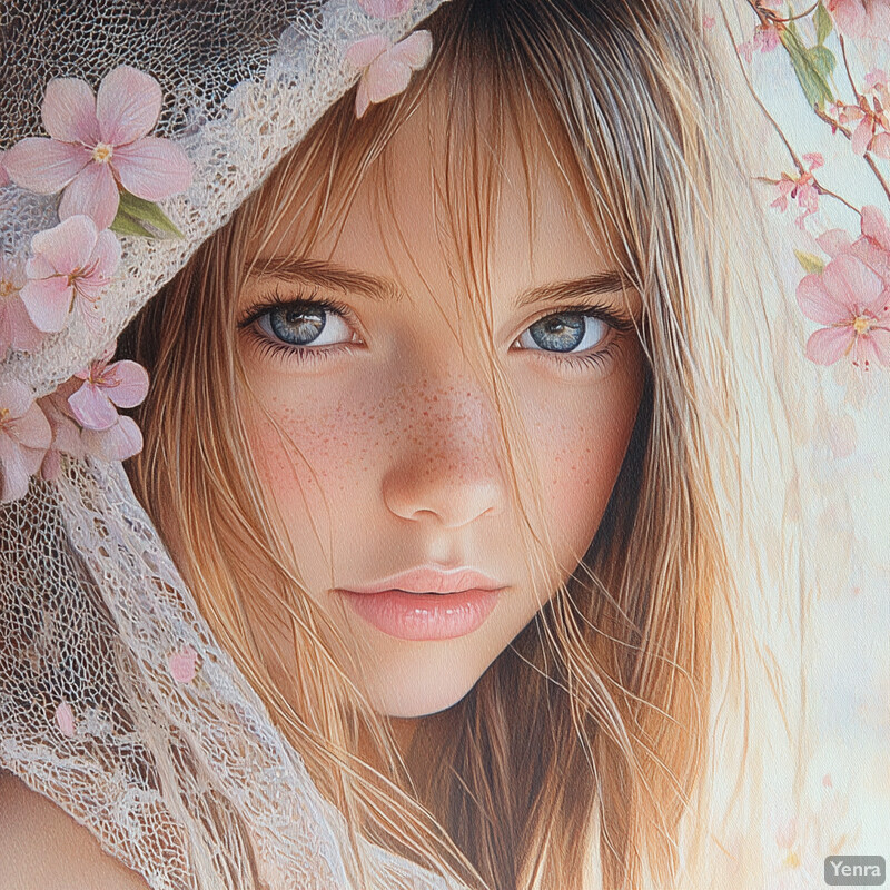 A young girl with long blonde hair and blue eyes, adorned with a delicate white lace veil featuring pink flowers and green leaves.