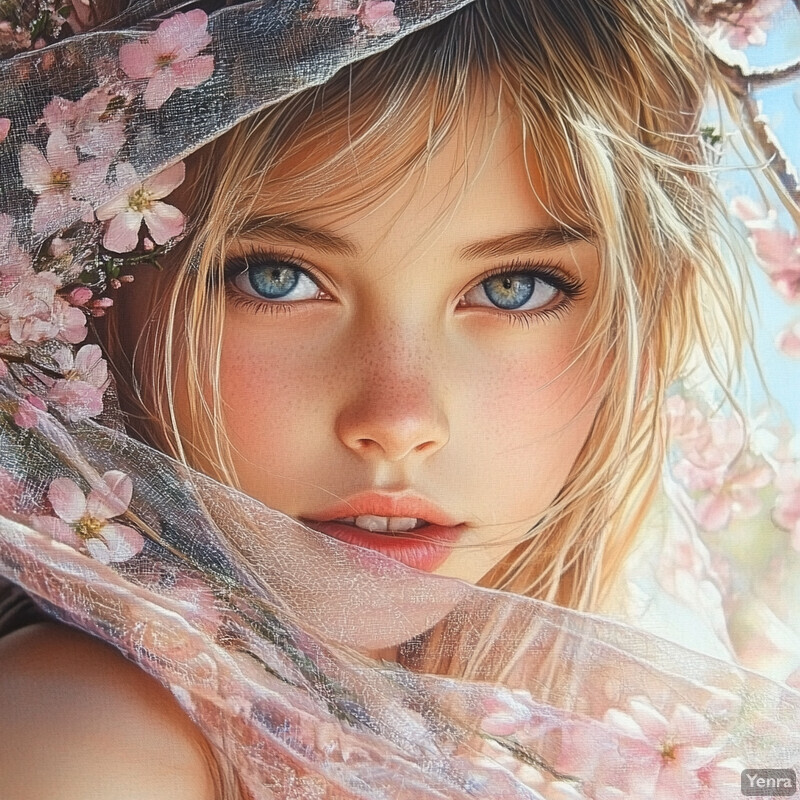 A young girl with blue eyes and blonde hair, wearing a pink floral veil.