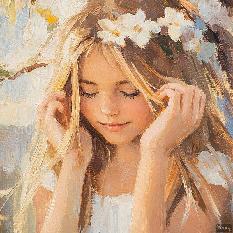 A young girl with long blonde hair and a white dress, surrounded by soft, muted colors.