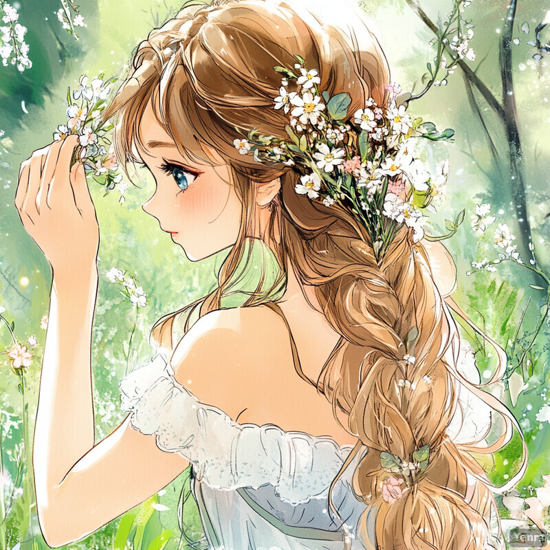 A young girl with long blonde hair adorned with white flowers stands in a lush field of grass and wildflowers, exuding serenity and tranquility.