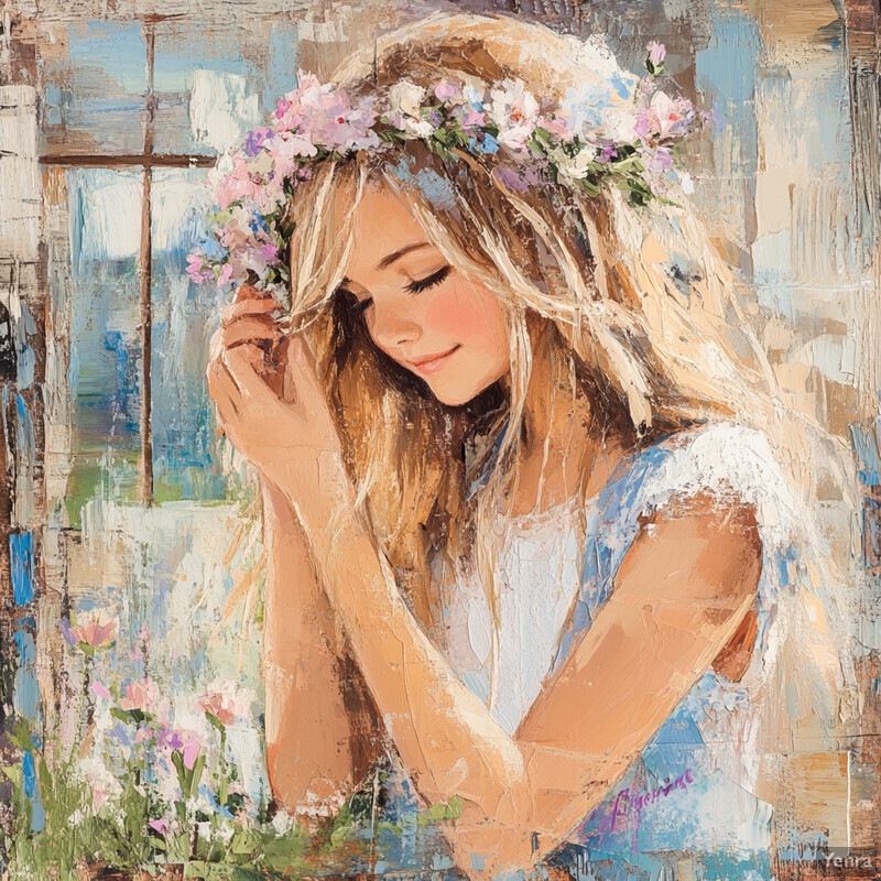 A young woman with long blonde hair and a floral wreath gazes downward at flowers in her hands, set against a serene background.