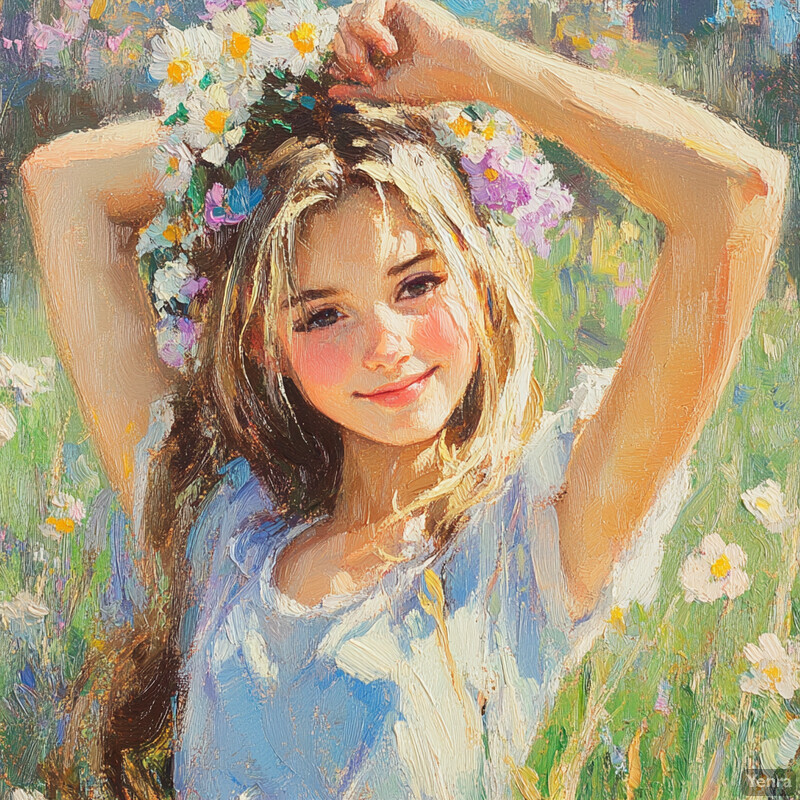 A young girl in a white dress stands in a field of wildflowers, holding up a flower wreath around her neck.