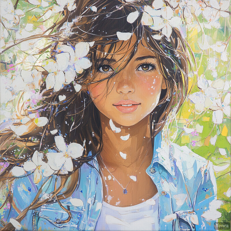 A serene portrait of a young woman surrounded by white flowers in an abstract garden setting