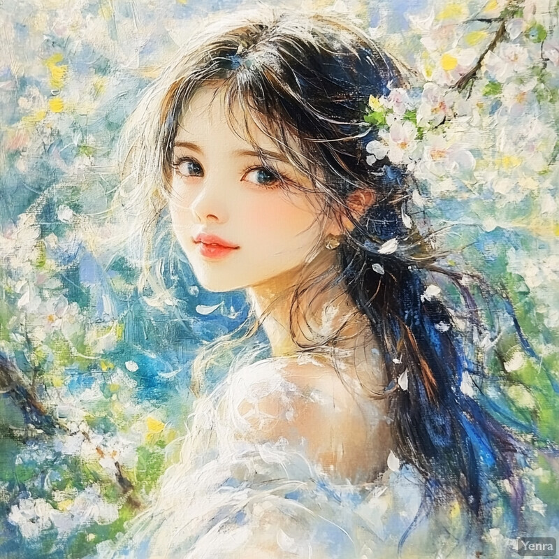 A young woman with long dark hair and rosy cheeks gazes to her left amidst blossoming trees and greenery, wearing a subtle hint of a white dress.