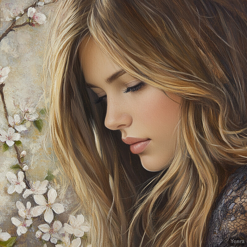 A young woman with long blonde hair gazes at white blossoms, surrounded by a peaceful atmosphere.