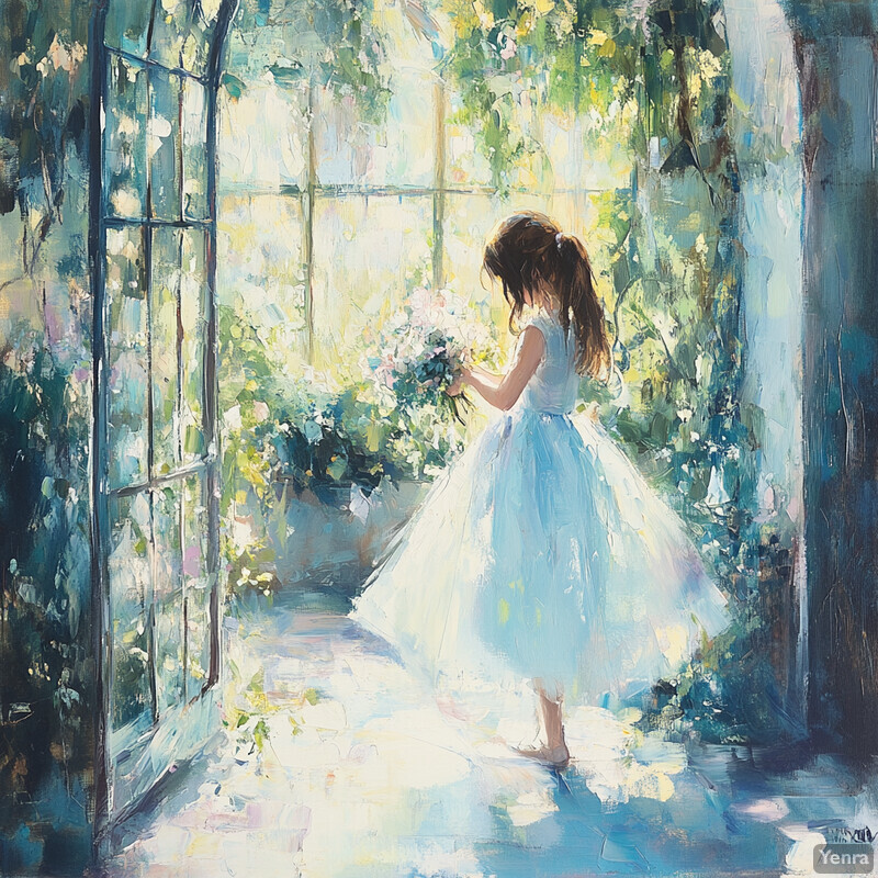 A young girl stands in front of a large window, gazing out at lush greenery, holding a bouquet of flowers.