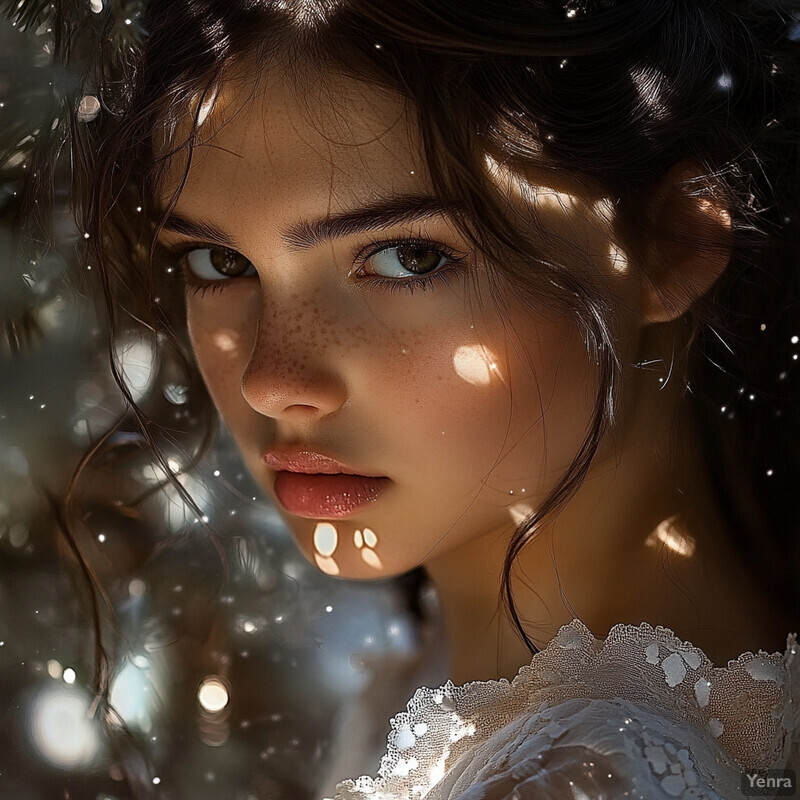 A young girl with fair skin and brown hair poses for a portrait, wearing a white dress with lace details and a delicate necklace.