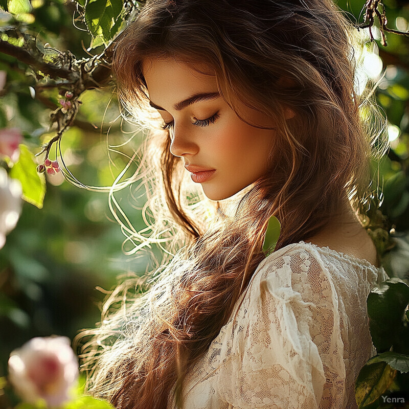 A woman with long brown hair and a white lace top stands in front of a blurred natural setting.