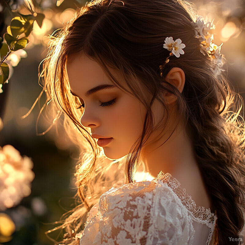 A woman stands confidently in front of a tree with lush green leaves and white flowers, her elegant features and flowing dress drawing attention.