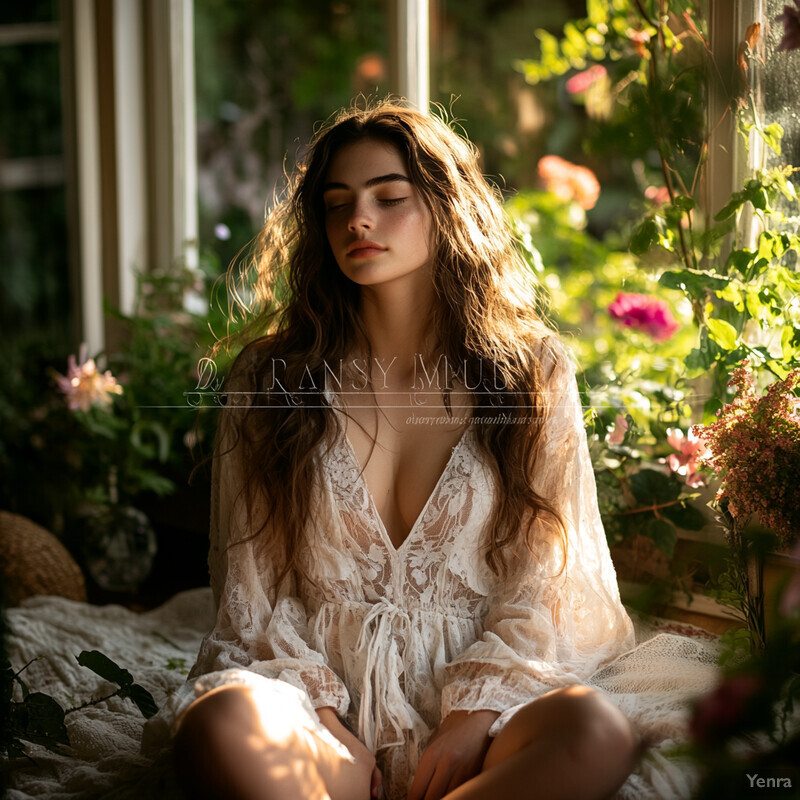 A serene and intimate scene of a woman sitting on a bed or couch surrounded by lush greenery and vibrant flowers.