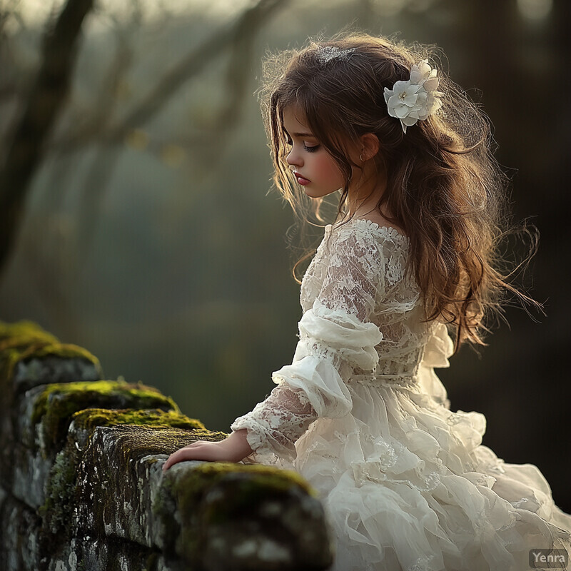 A young girl in a white dress stands on a stone wall covered in moss, looking down with her right hand resting on the wall.