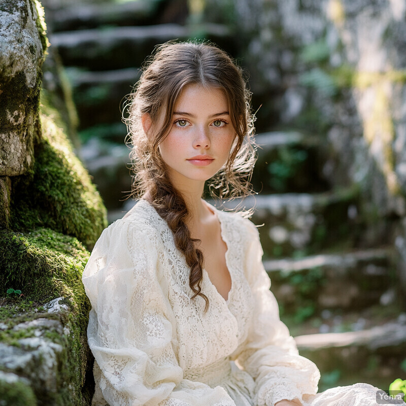 A young woman in a white lace dress sits on a moss-covered stone wall or steps, gazing directly at the camera with a neutral expression.