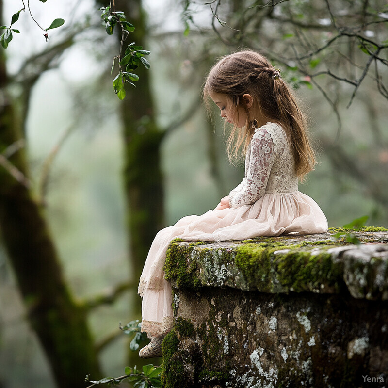 A young girl sits on a moss-covered stone wall in a wooded area, dressed in a cream-colored dress with lace sleeves and a full skirt.