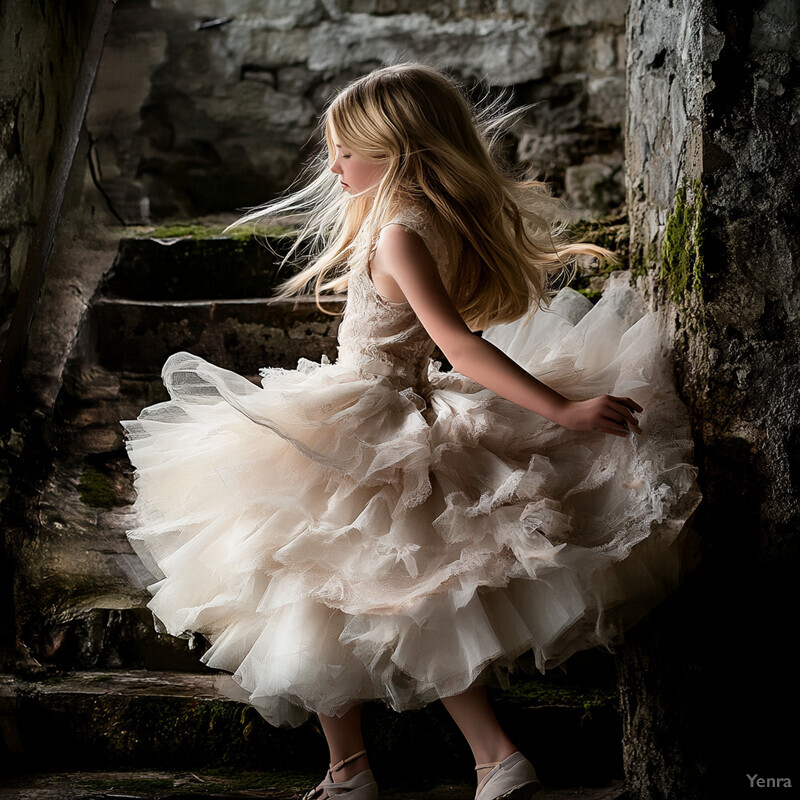 A young girl with long blonde hair stands on stone steps wearing a white dress