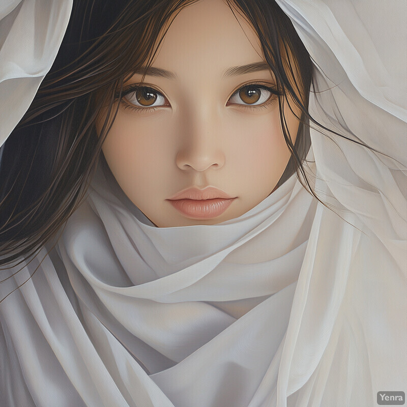 A young woman with dark hair and brown eyes wears a white headscarf or veil, exuding elegance and poise.