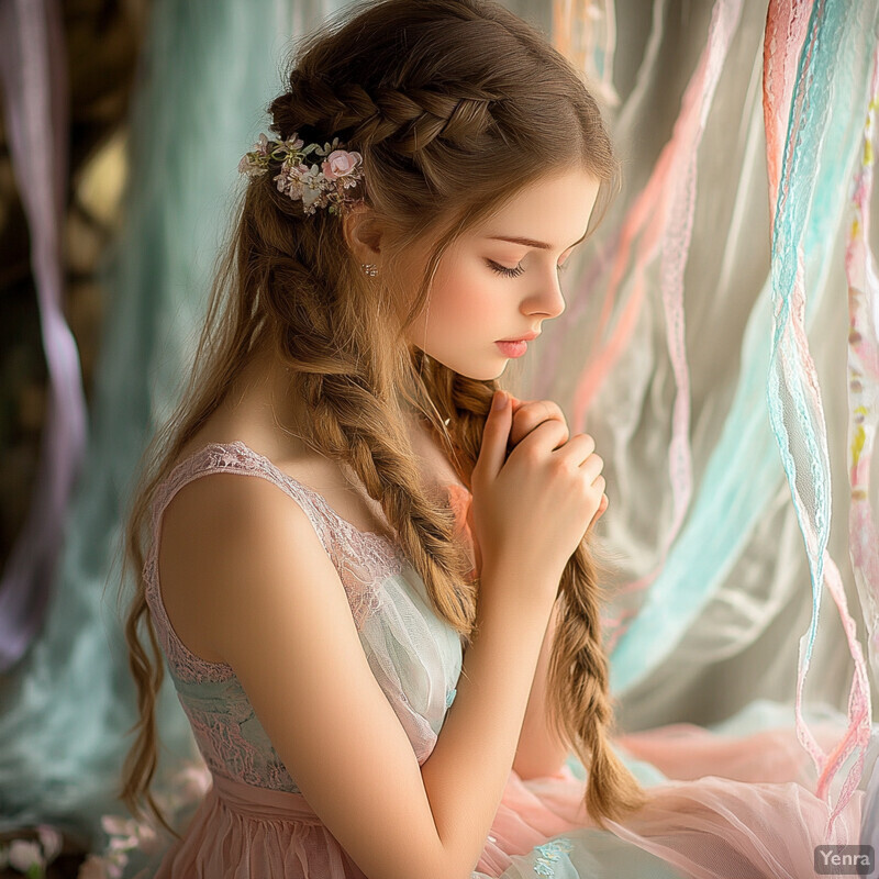 A young girl with long brown hair styled in a braid, wearing a pastel-colored dress and holding her hands together.