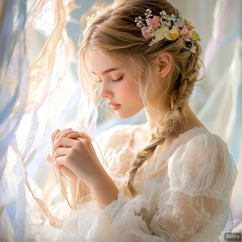 A young woman in a white dress prays or meditates outdoors