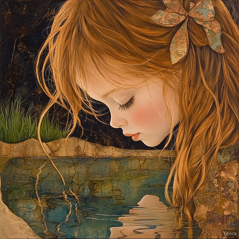 A young girl with long hair and a bow in her hair gazes down at a body of water, exuding calmness and tranquility.