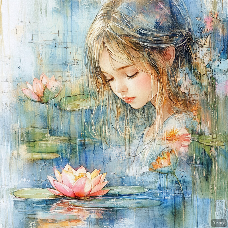 A young girl gazes at her reflection in a serene pond surrounded by lily pads and water lilies.