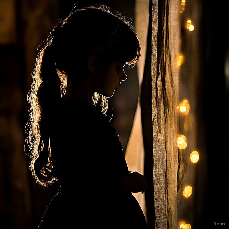 Silhouette of a woman with long hair and bangs, illuminated by warm yellow lights