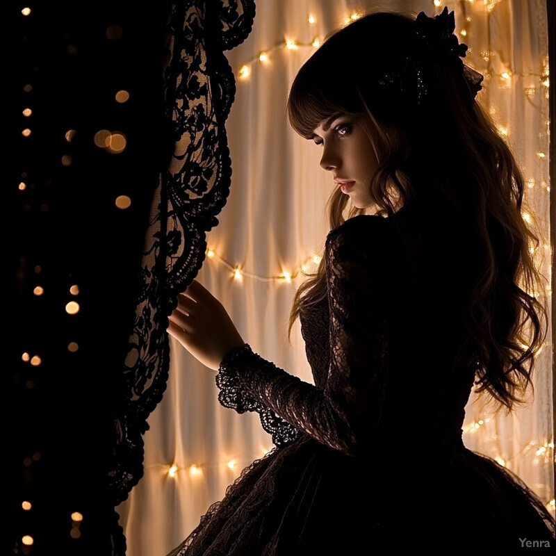 A woman in a dark dress stands in front of a curtain or wall with string lights, creating a dreamy and romantic atmosphere.