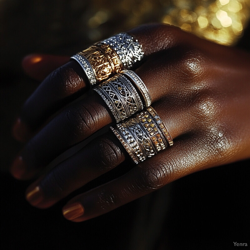 A hand adorned with multiple rings on each finger, set against a dark background.