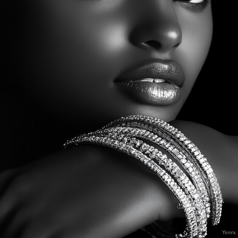 A woman's face with multiple diamond tennis bracelets on her wrist