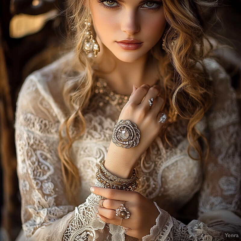 A woman in elegant attire and accessories poses for a portrait, surrounded by a softly blurred rustic or vintage setting.